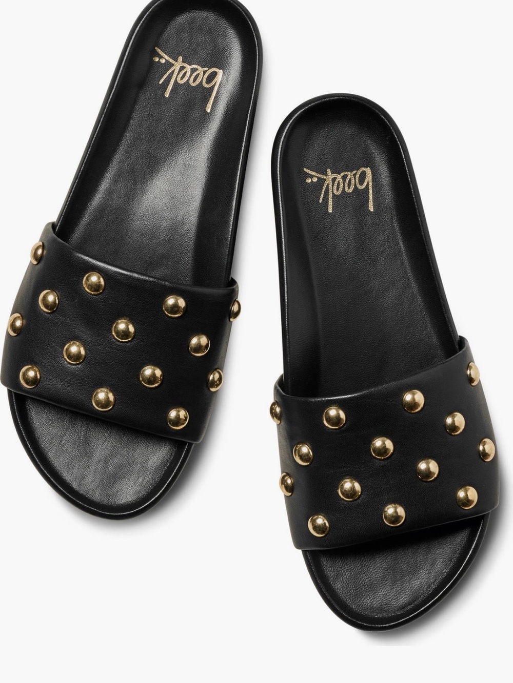 beek Black Slide Sandals with Gold Studs